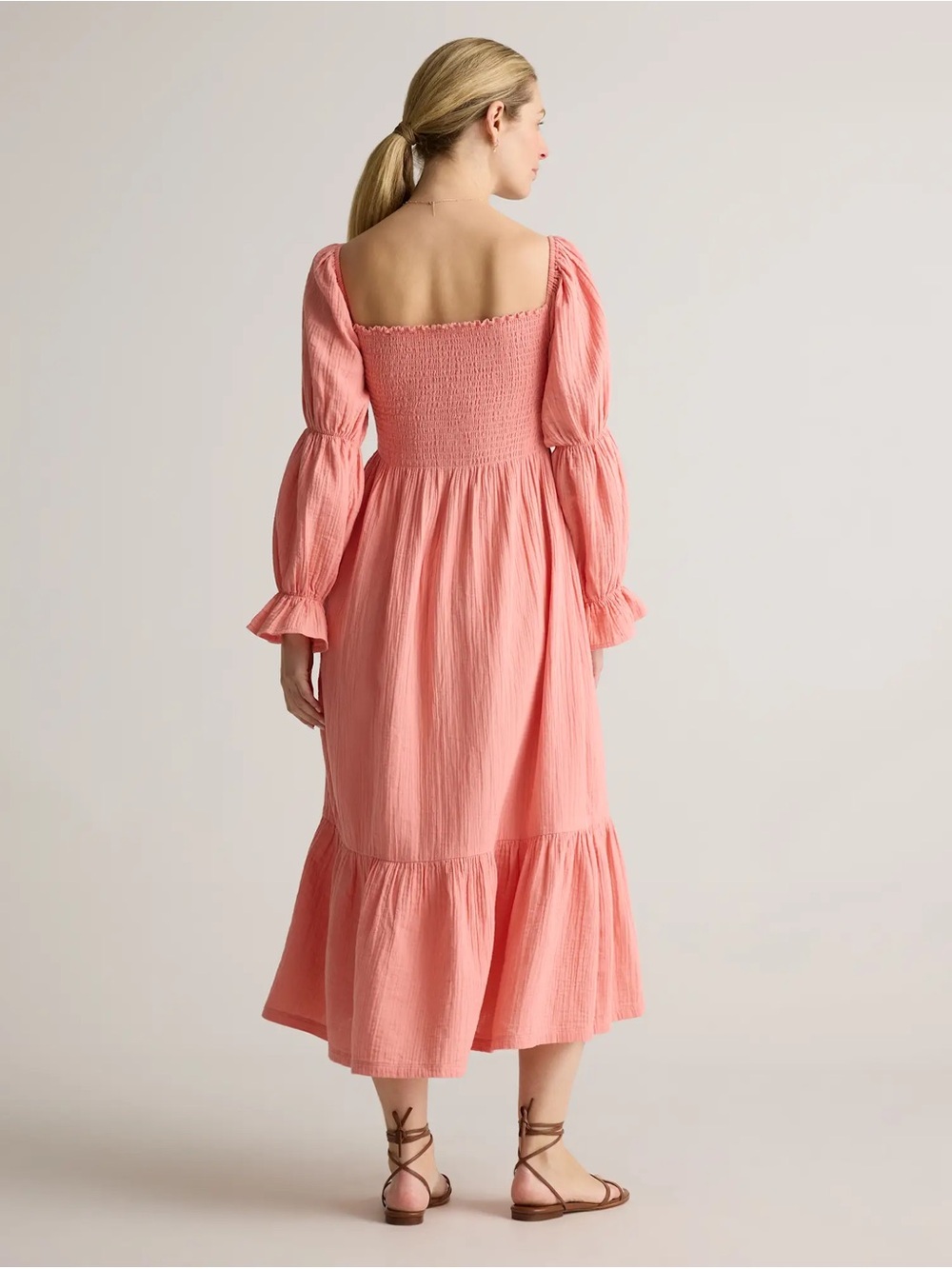 Quince Women's Smocked Bodice Long Sleeve Midi Maternity Dress - Coral pink - Picture 9 of 11